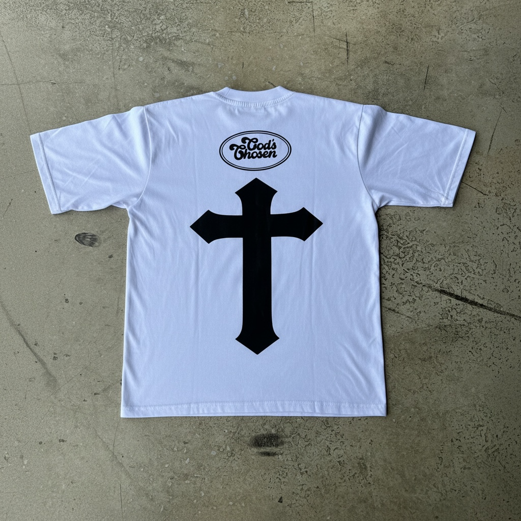 Back of white shirt with black cross and God’s Chosen logo