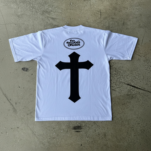 Back of white shirt with black cross and God’s Chosen logo