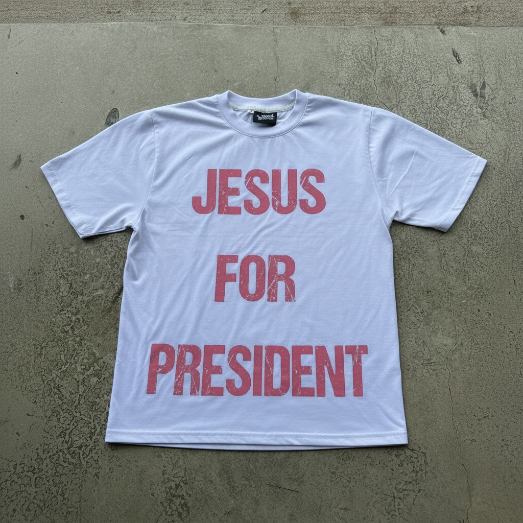 Front of white Jesus For President shirt with pink lettering