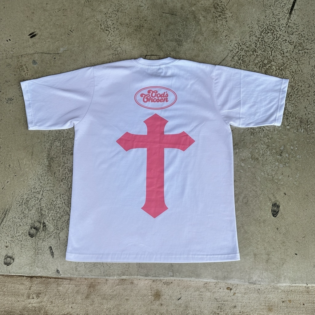Back of white shirt with pink cross and God’s Chosen logo