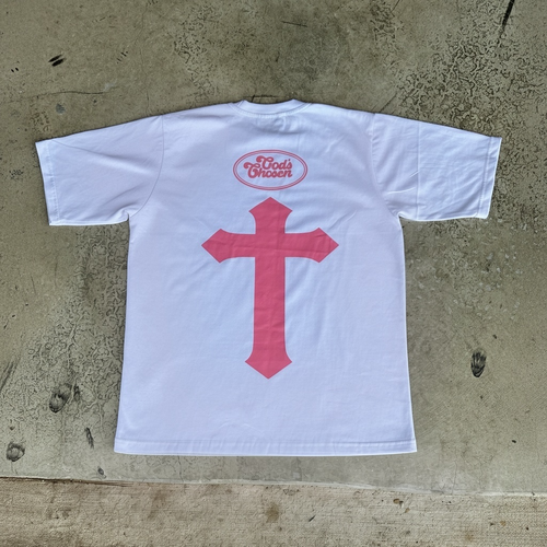 Back of white shirt with pink cross and God’s Chosen logo