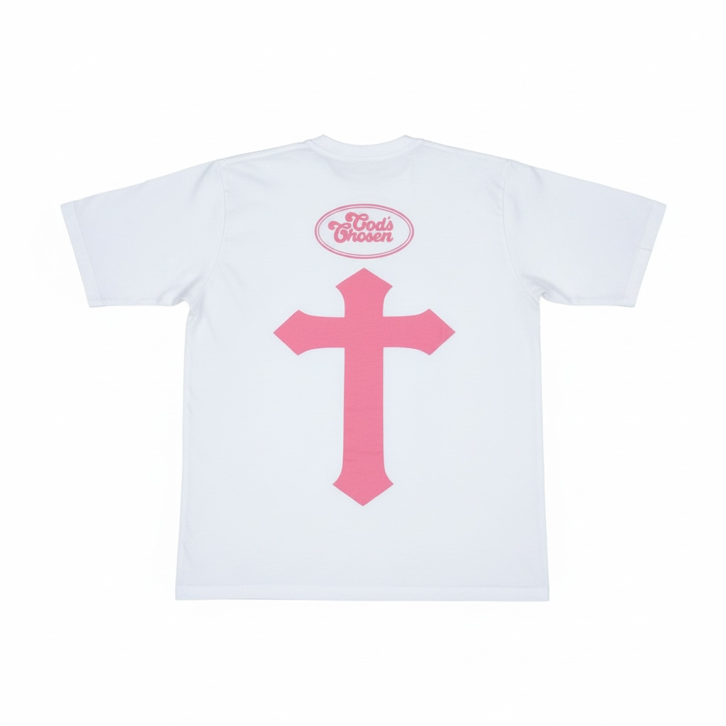 Back of white Jesus For President shirt with pink cross and God’s Chosen logo