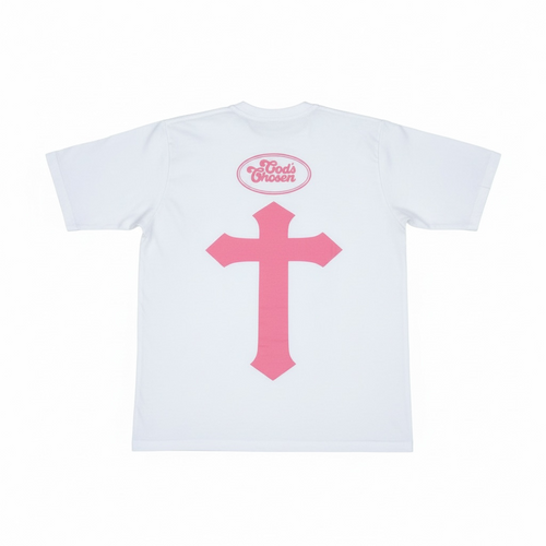 Back of white Jesus For President shirt with pink cross and God’s Chosen logo