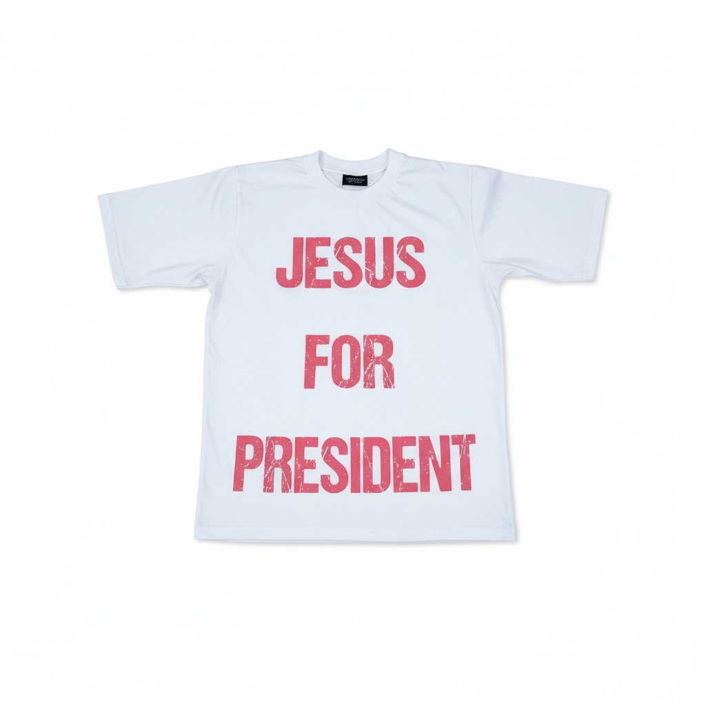 Front of white Jesus For President shirt with pink lettering